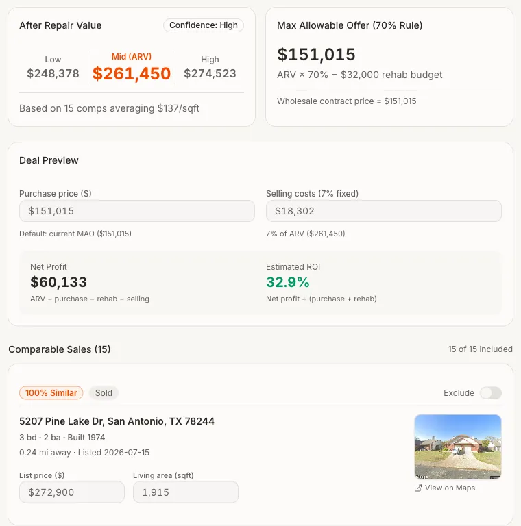 Sample ARV report — estimate range, MAO, profit preview and comparable sales