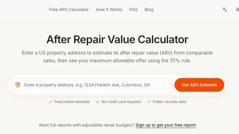 Enter the Property Address — live ARVHQ product screenshot