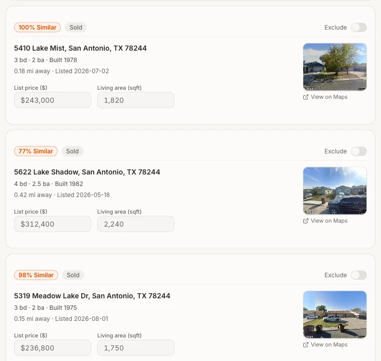 AI Finds the Best Comparable Sales — live ARVHQ product screenshot