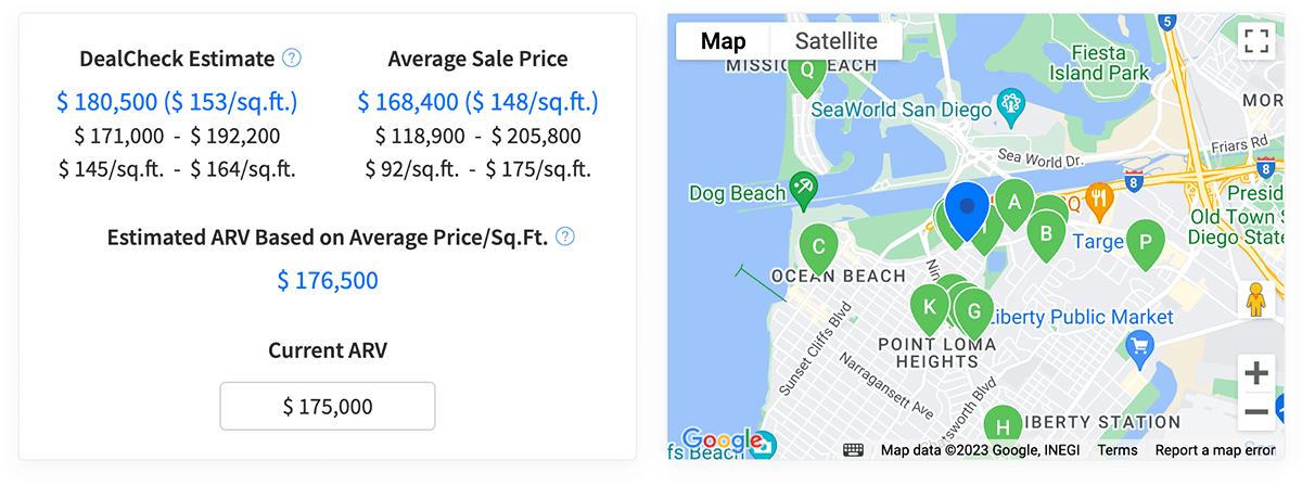 DealCheck sales comps tool displaying comparable properties and average square foot rates