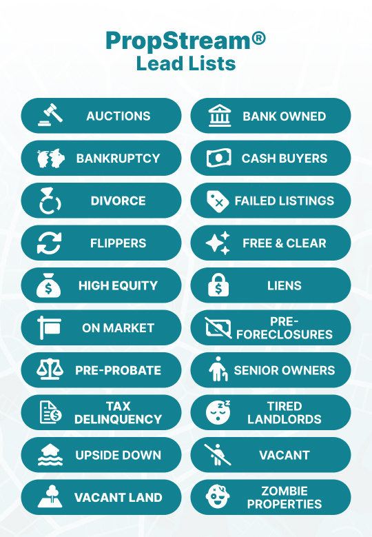 PropStream lead list builder filtering properties by equity and seller distress